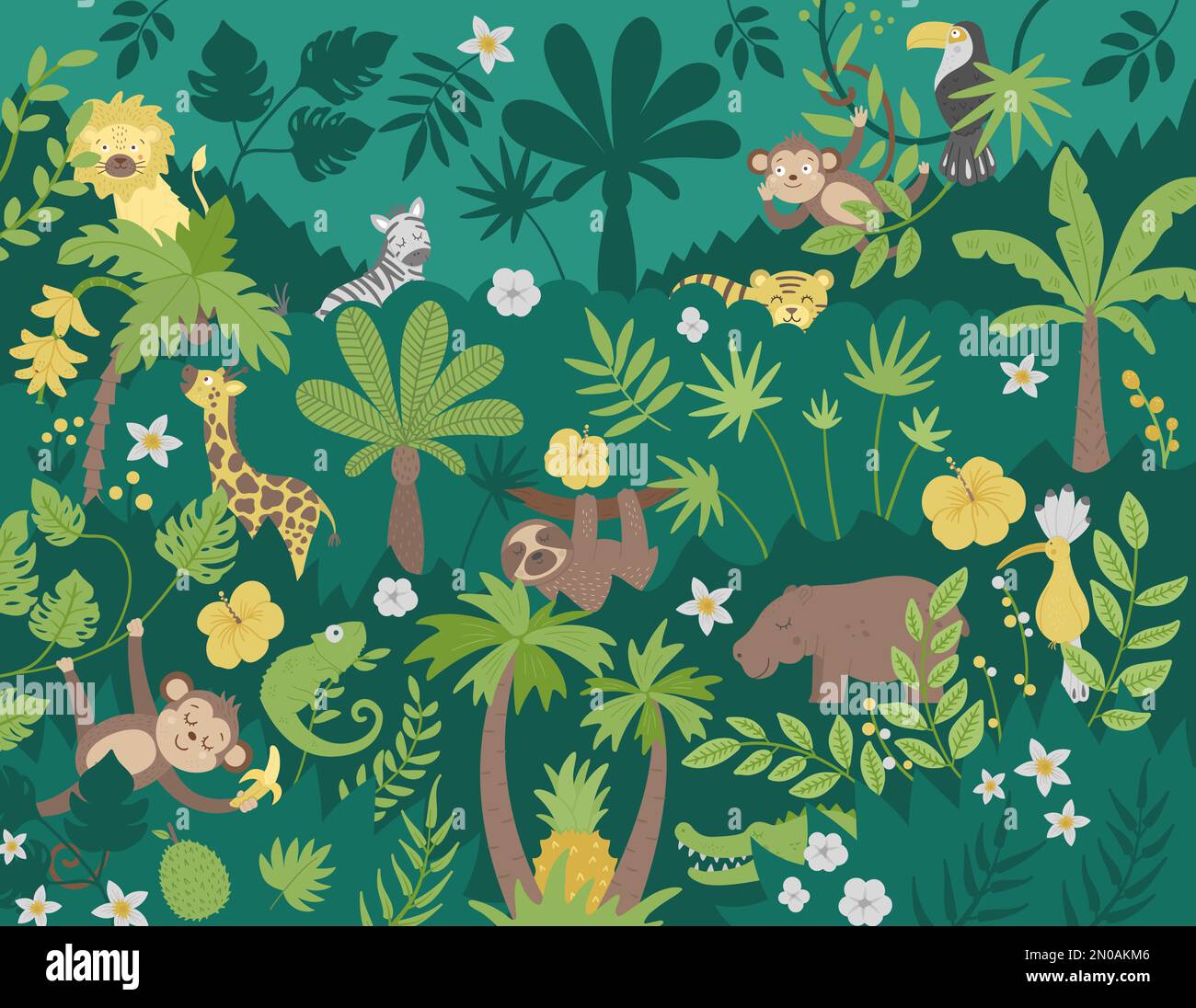 ector background with cute exotic animals, leaves, flowers, fruits