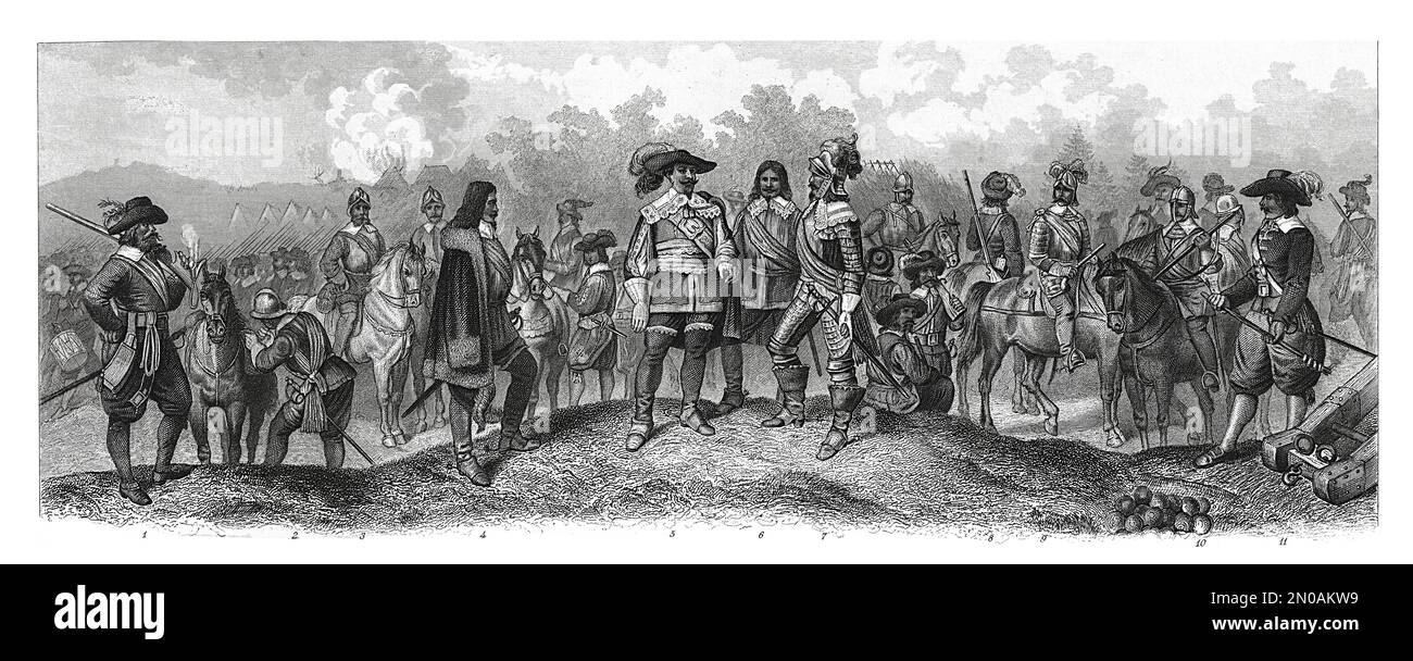 Antique 19th-century illustration depicting participants in the Thirty Years' War, which took place from 1618 to 1648. From left to right: 1. Swedish Stock Photo