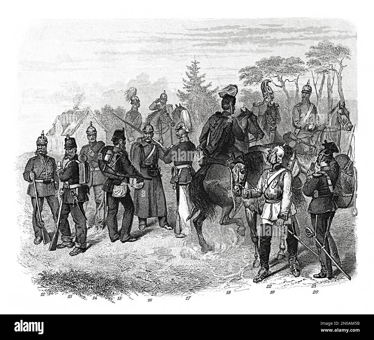 19th-century engraving depicting German military unit in XIX century: 12,13. Landwehr; 14. Cannoneer; 15,16. Infantry soldier; 17. Guardsman; 18. Huss Stock Photo