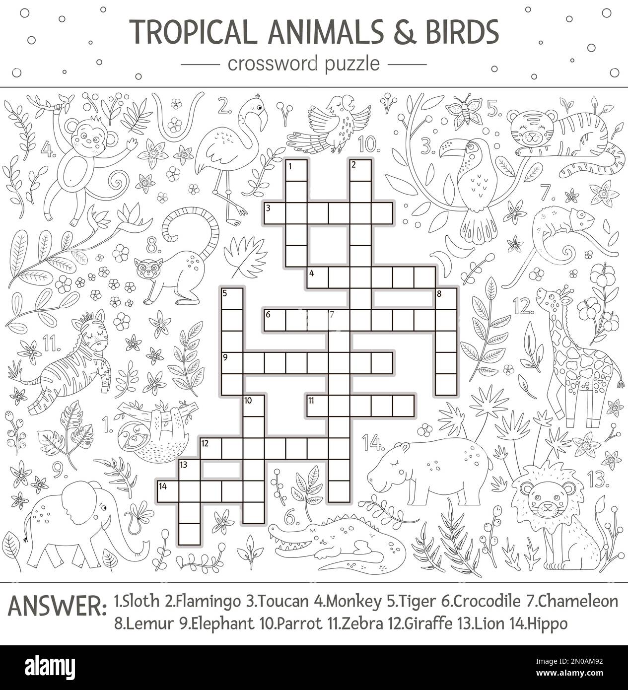 Vector summer crossword puzzle. Quiz with tropical animals and birds for children. Educational black and white jungle activity with cute funny charact Stock Vector