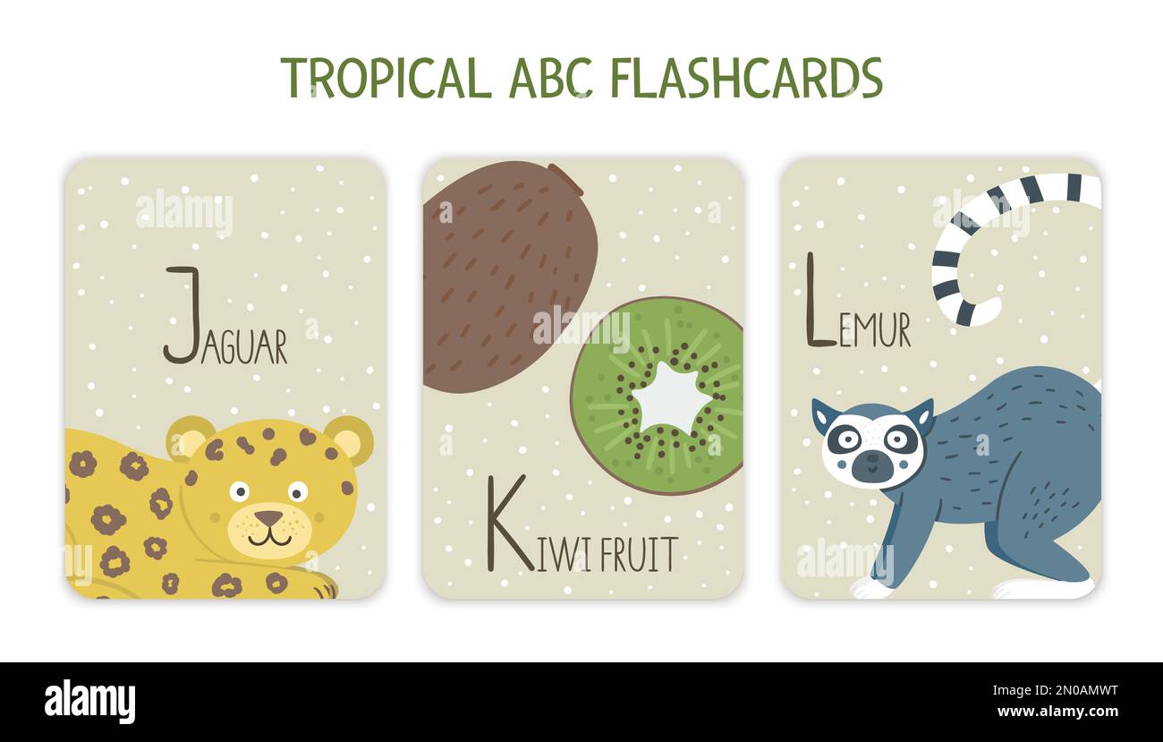 Colorful alphabet letters J, K, L. Phonics flashcard with tropical animals, birds, fruit, plants. Cute educational jungle ABC cards for teaching readi Stock Vector