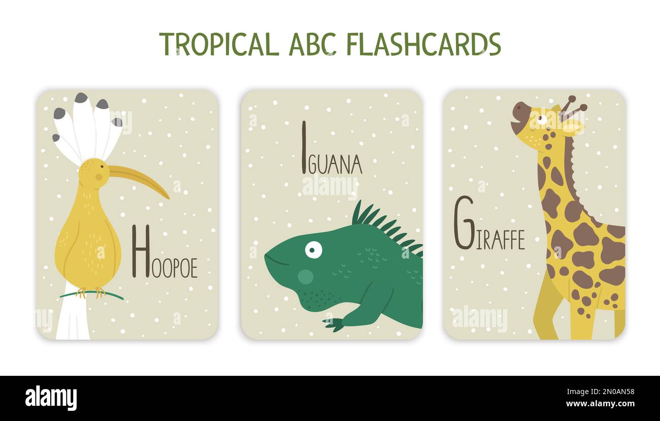 Colorful alphabet letters G, H, I. Phonics flashcard with tropical animals, birds, fruit, plants. Cute educational jungle ABC cards for teaching readi Stock Vector