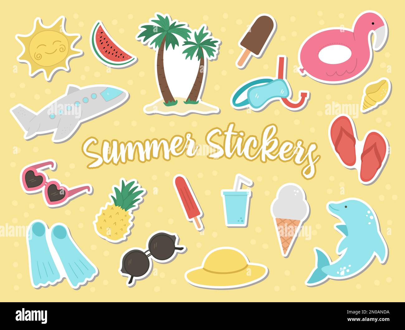 Vector set of summer stickers isolated. Cute flat illustration for kids