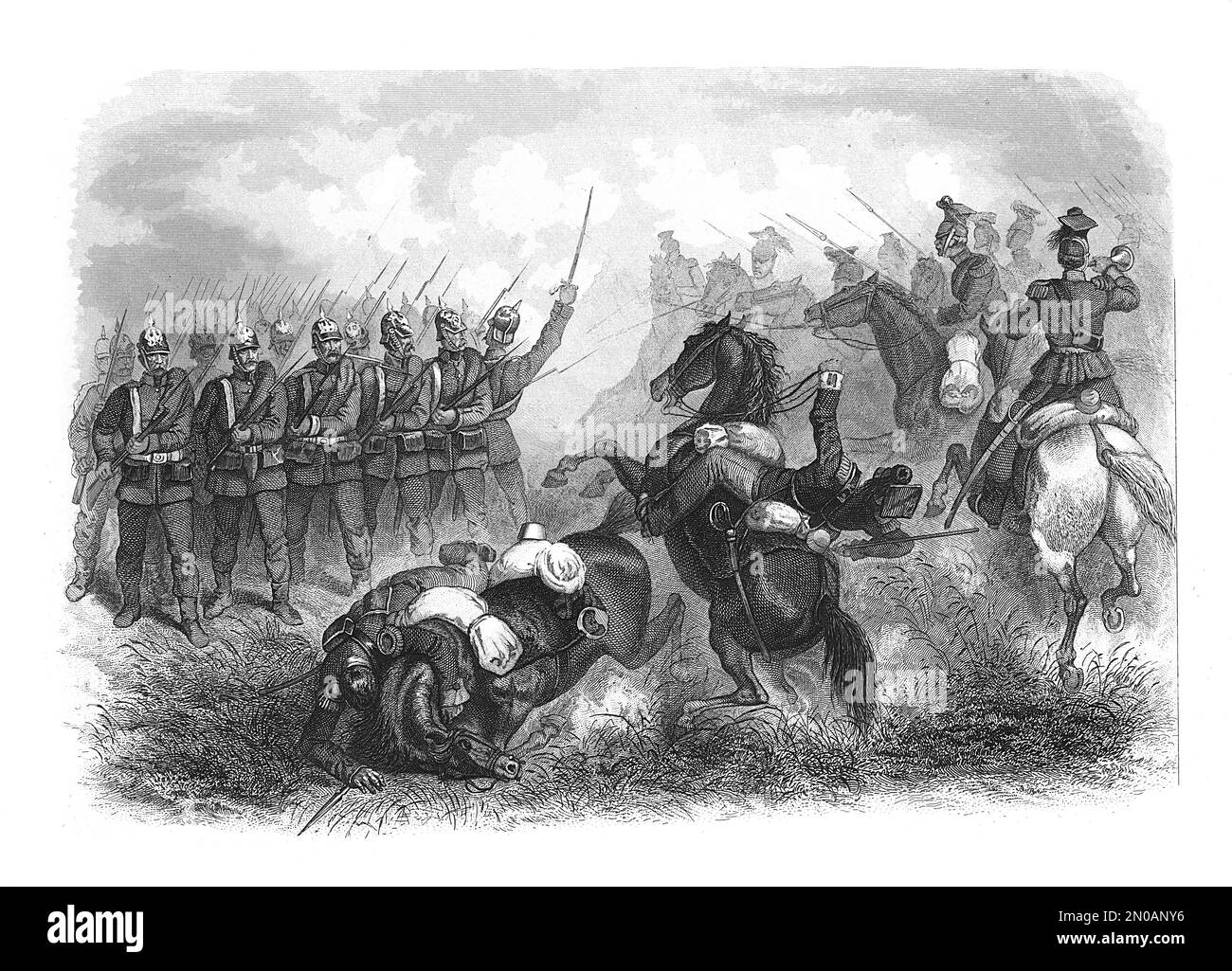 Antique engraving depicting Austrian Uhlans attacking Prussian infantry. Illustration published in Systematischer Bilder Atlas - Kriegwesen und Seewes Stock Photo