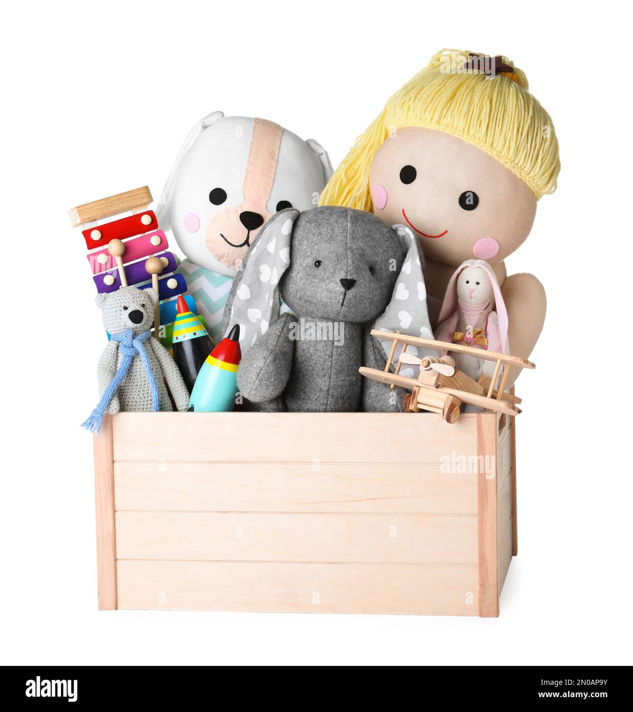 Wooden crate with different toys isolated on white Stock Photo Alamy