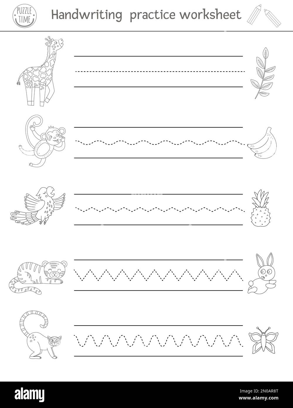 Vector handwriting practice worksheet. Printable black and white activity for pre-school children. Educational game for writing skills development. Tr Stock Vector