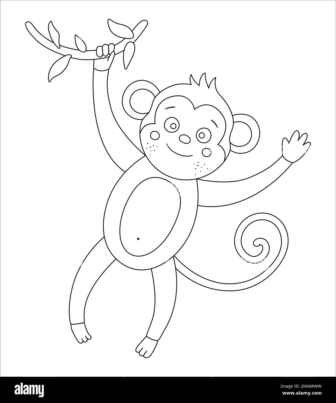 Vector cute monkey hanging on a tree brunch outline. Funny tropical exotic animal black and white illustration. Fun coloring page for children. Jungle Stock Vector