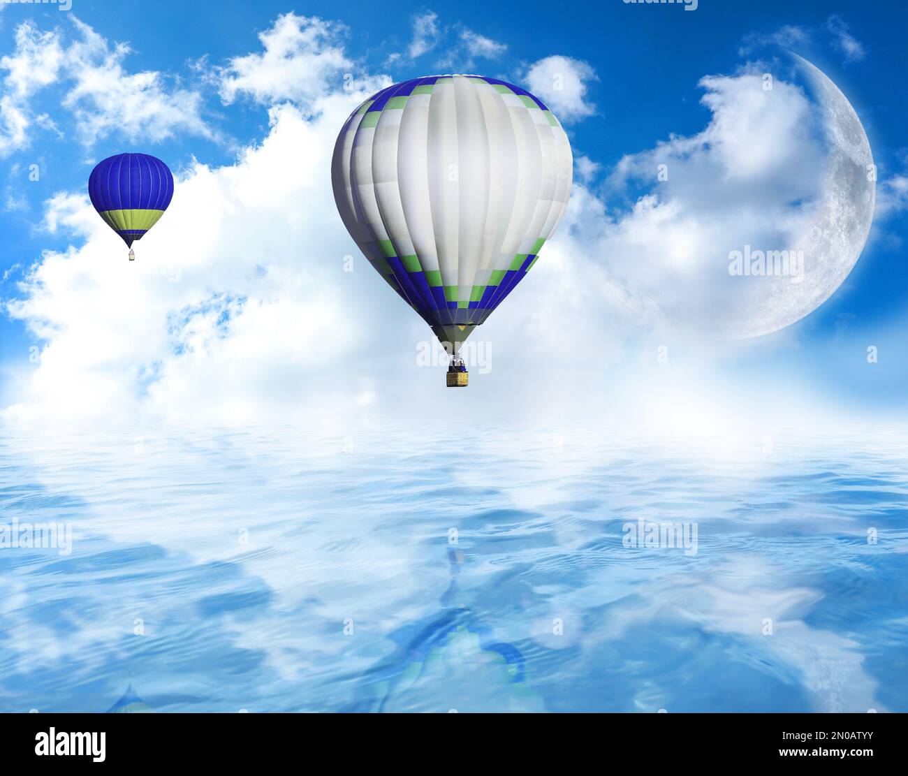 Fantastic dreams. Hot air balloons in blue sky with clouds and crescent ...