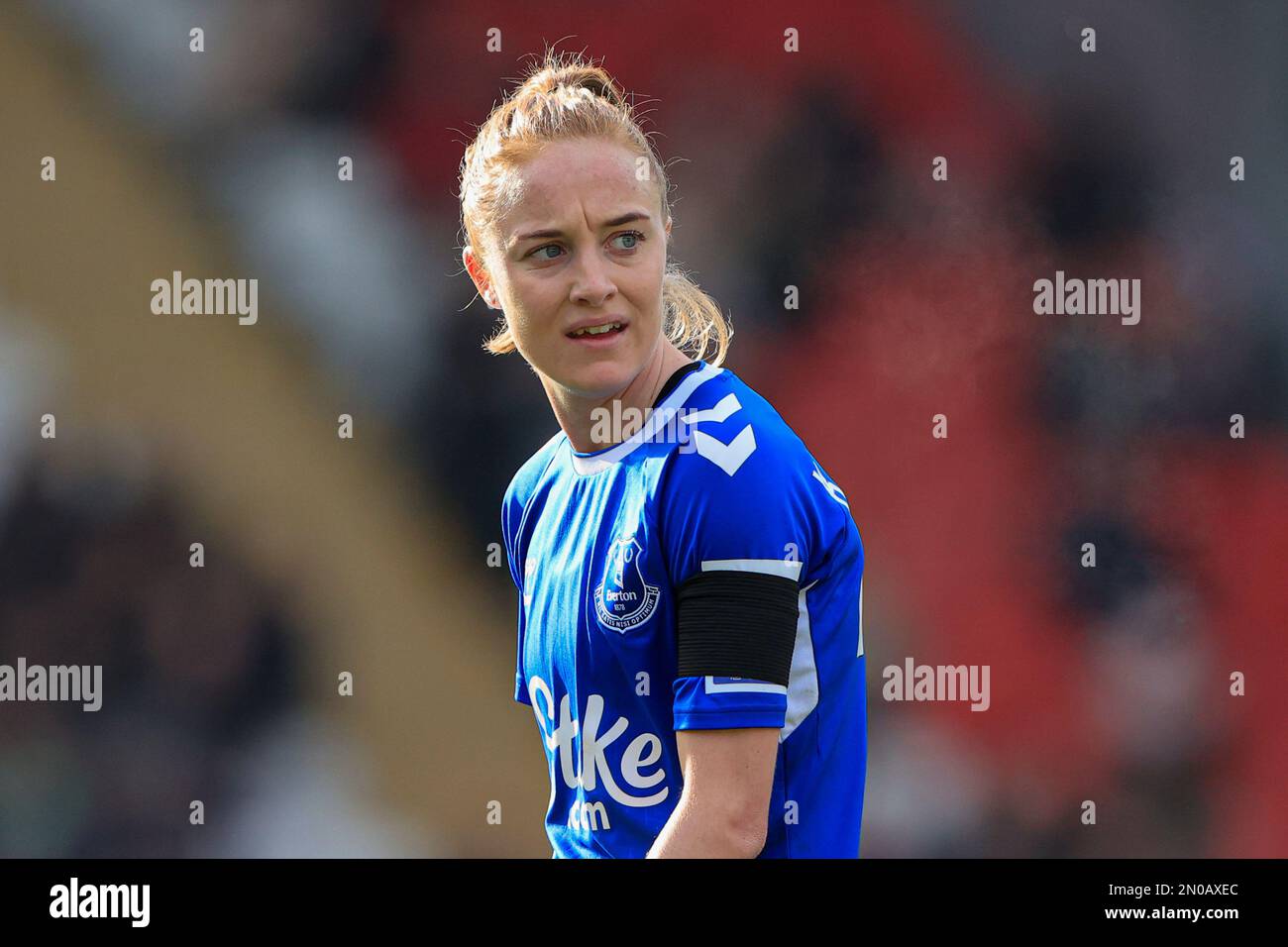 Karen Holmgaard #28 of Everton in action during the The FA Women's Super League match Manchester United Women vs Everton Women at Leigh Sports Village, Leigh, United Kingdom, 5th February 2023  (Photo by Conor Molloy/News Images) Stock Photo