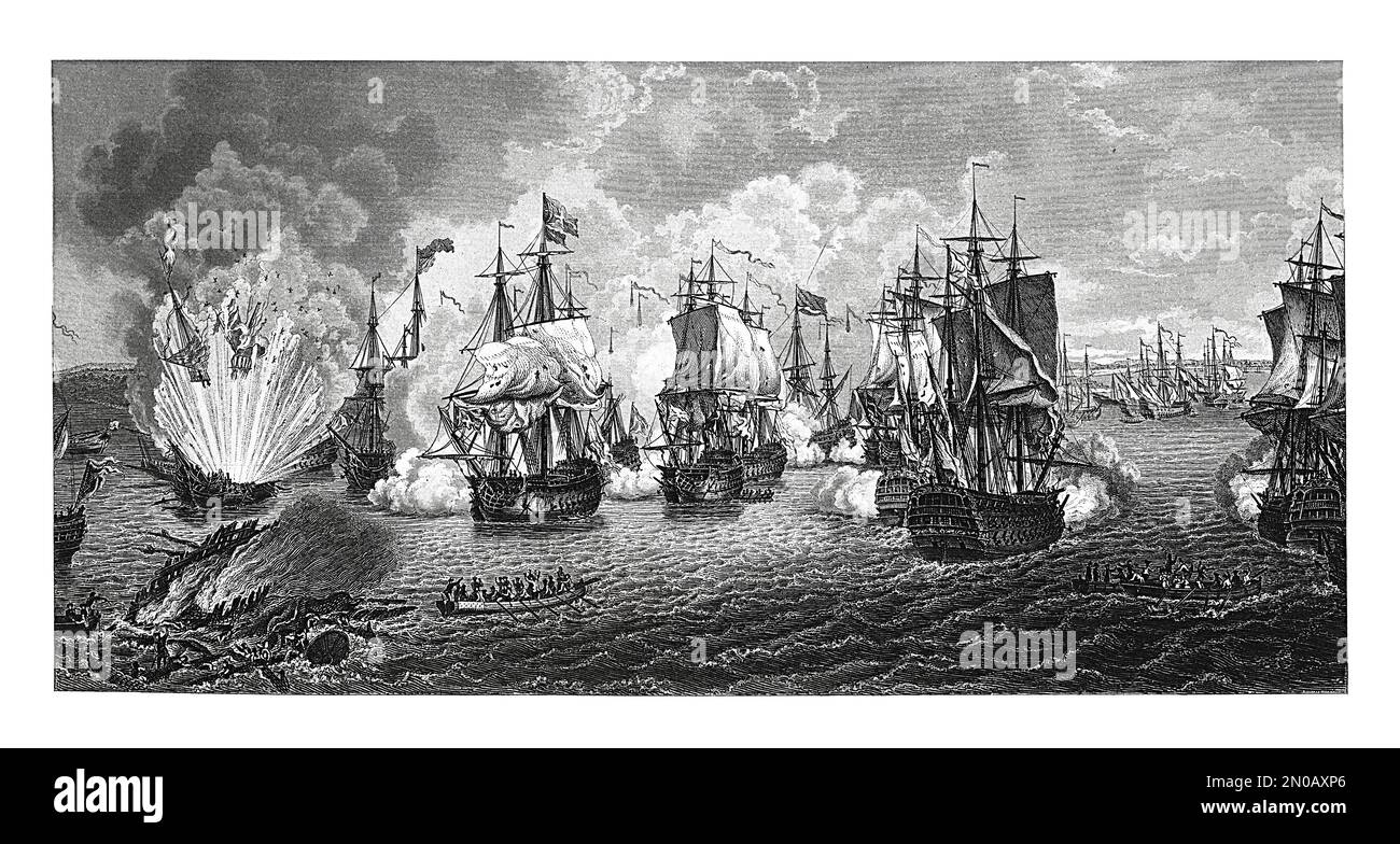 Antique 19th-century illustration depicting the rout of the Turkish fleet during the battle of Chesma. The battle took place on 5 -7 July 1770 near an Stock Photo