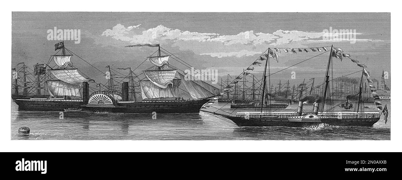 Antique 19th-century illustration of steamships from XIX century. From left to right: 1. Passenger steamship; 2. Small passenger steamship; 3. Victori Stock Photo