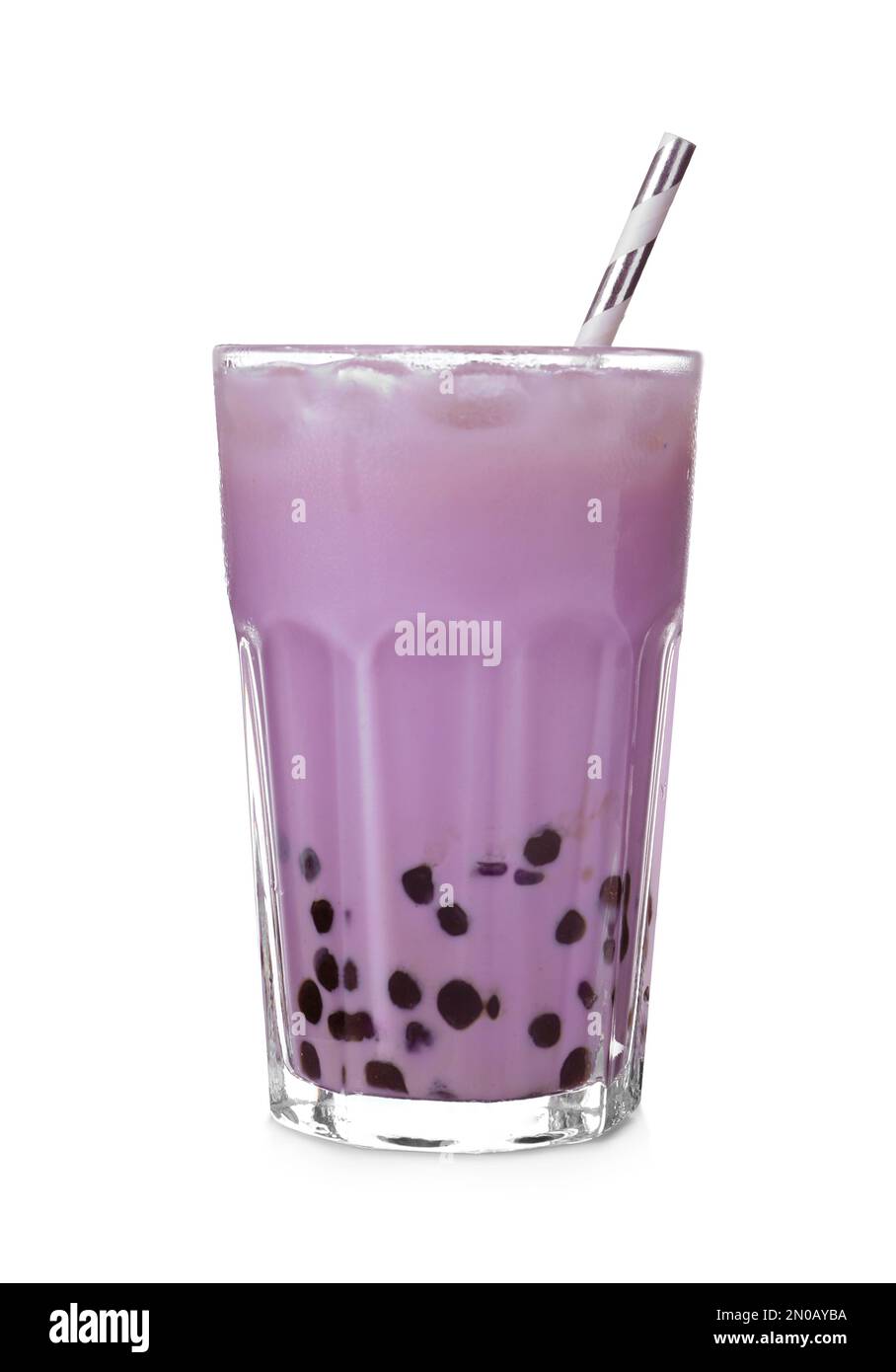Bubble milk tea with tapioca balls in glass isolated on white Stock