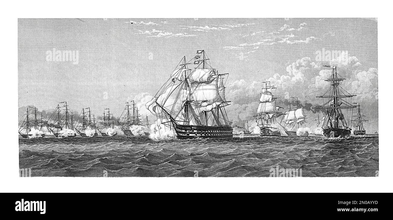 Antique engraving depicting the Fleet review of the Royal Navy in Spithead in 1853. From left to right: 1. Highflyer, 21-gun frigate; 2. Imperieuse, 6 Stock Photo