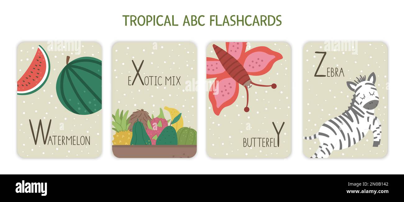 Colorful alphabet letters W, X, Y, Z. Phonics flashcard with tropical animals, birds, fruit, plants. Cute educational jungle ABC cards for teaching re Stock Vector