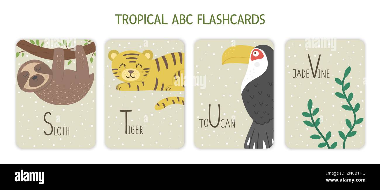 Colorful alphabet letters S, T, U, V. Phonics flashcard with tropical animals, birds, fruit, plants. Cute educational jungle ABC cards for teaching re Stock Vector