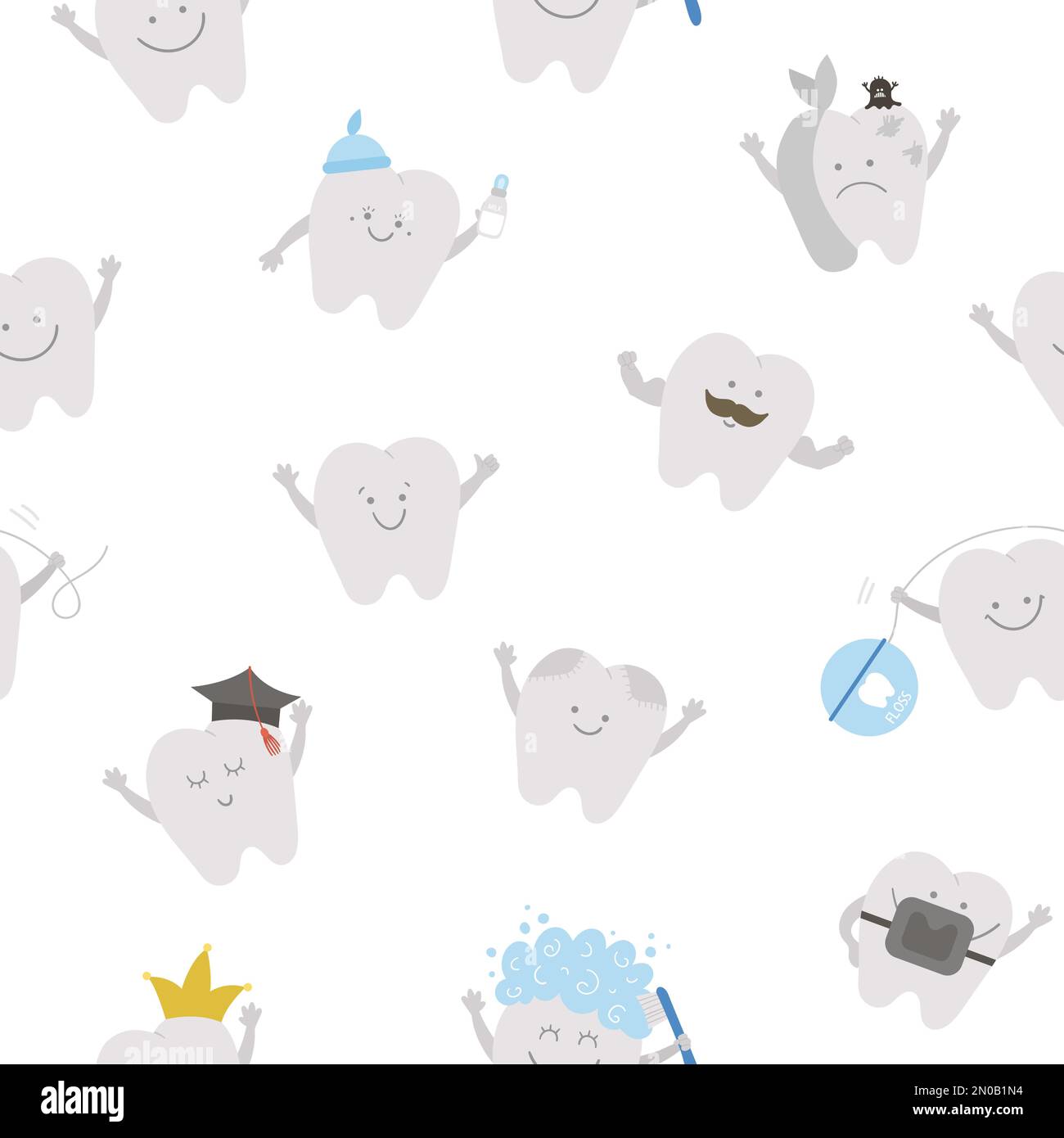 Seamless pattern with cute kawaii teeth. Vector background with tooth icons for children design. Funny dental care digital paper for kids. Dentist bab Stock Vector