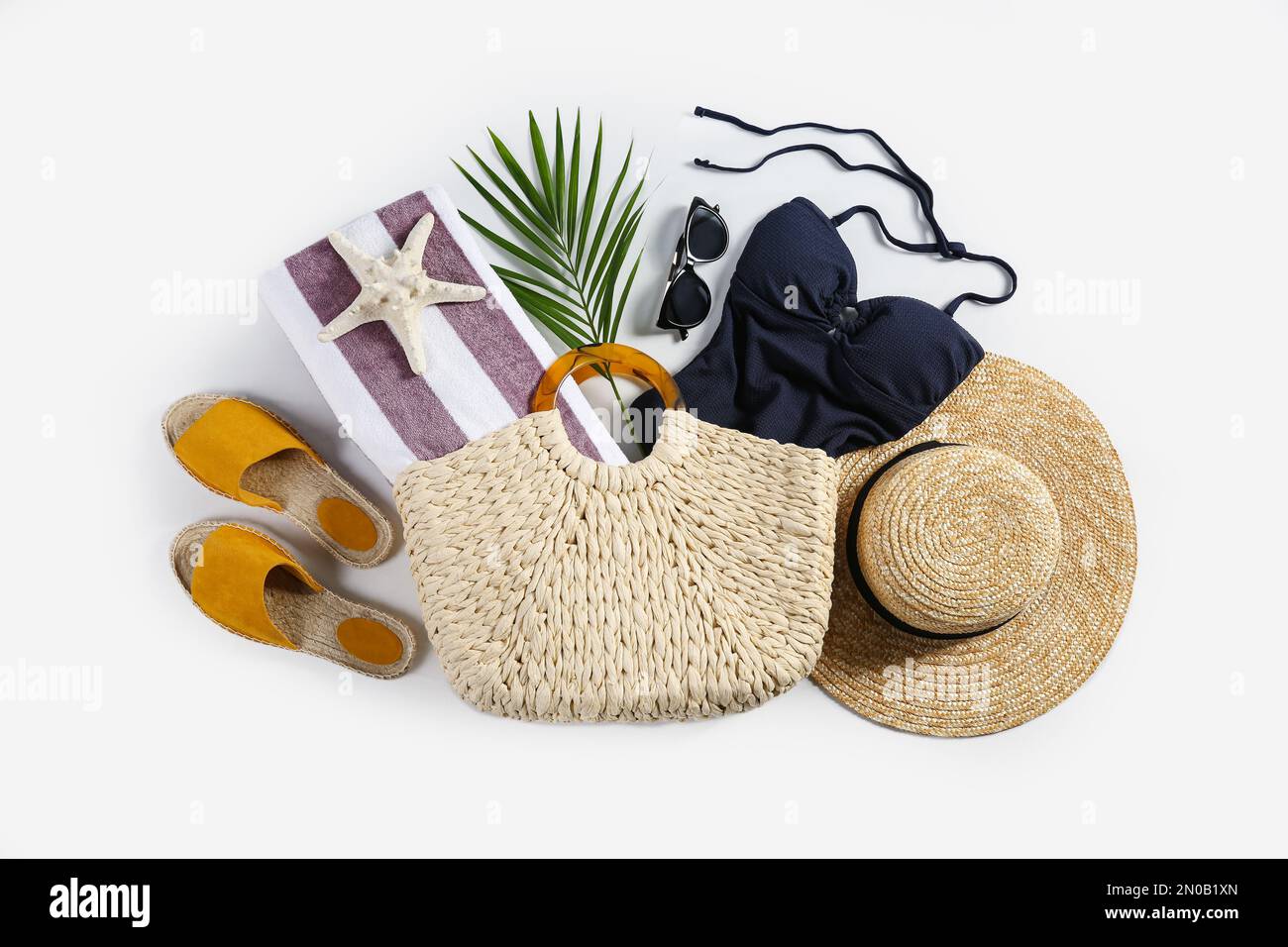 Composition with stylish beach accessories on white background, top view Stock Photo