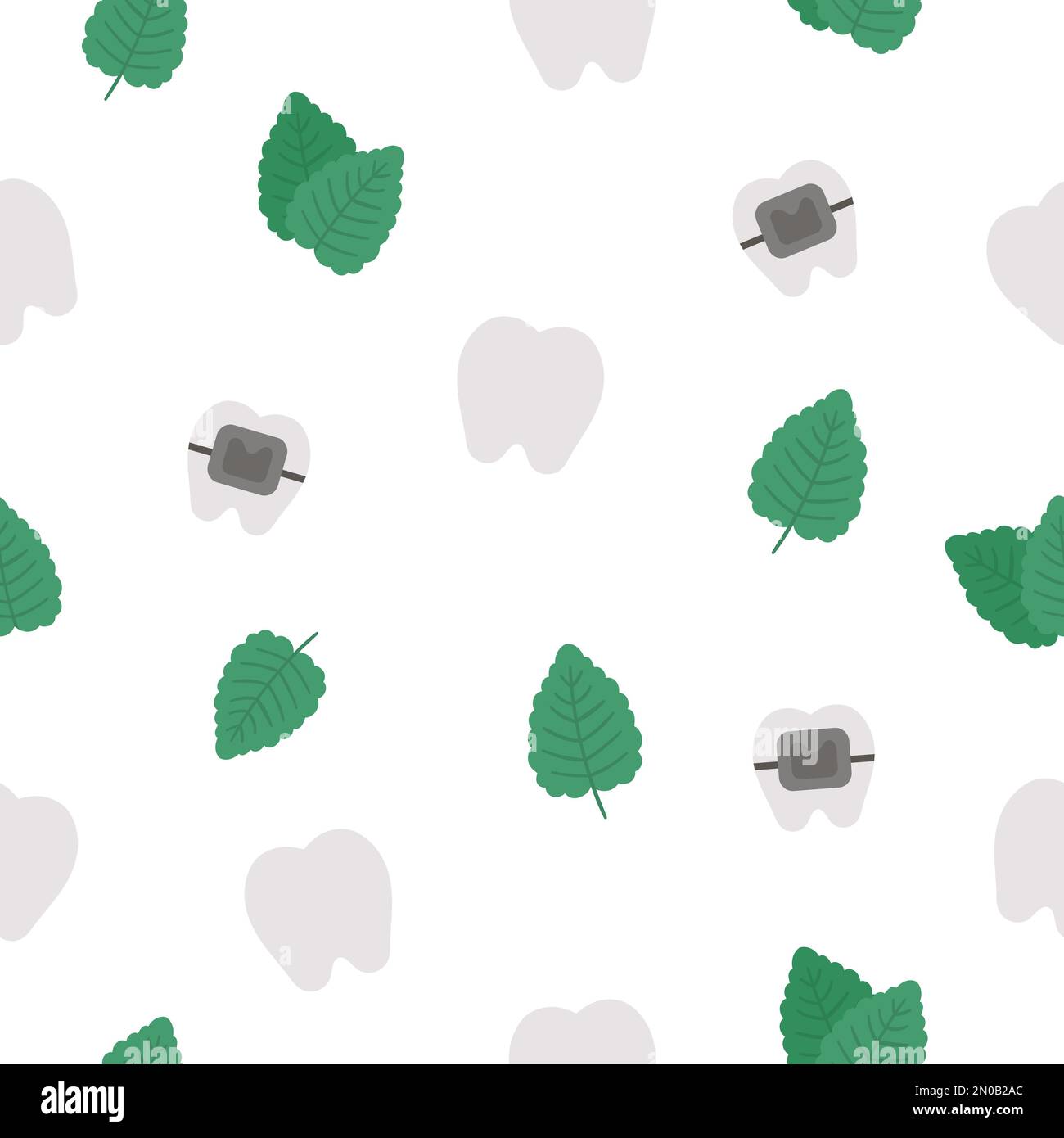 Seamless pattern with tooth, braces, mint leaves. Vector teeth