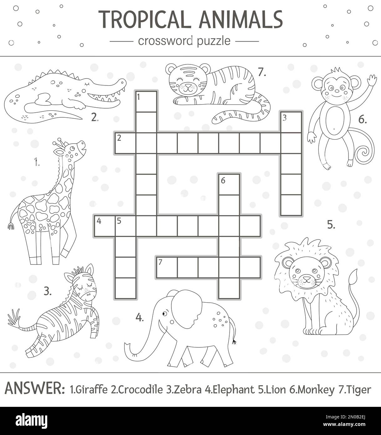 Vector summer crossword puzzle. Simple quiz with tropical animals for children. Educational black and white jungle activity with cute funny characters Stock Vector