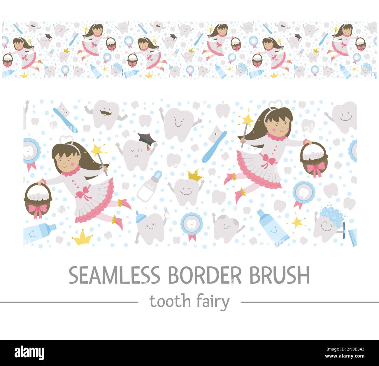 Cute tooth fairy seamless border brush. Kawaii fantasy princess horizontal background with funny smiling toothbrush, baby, molar, toothpaste, teeth. F Stock Vector