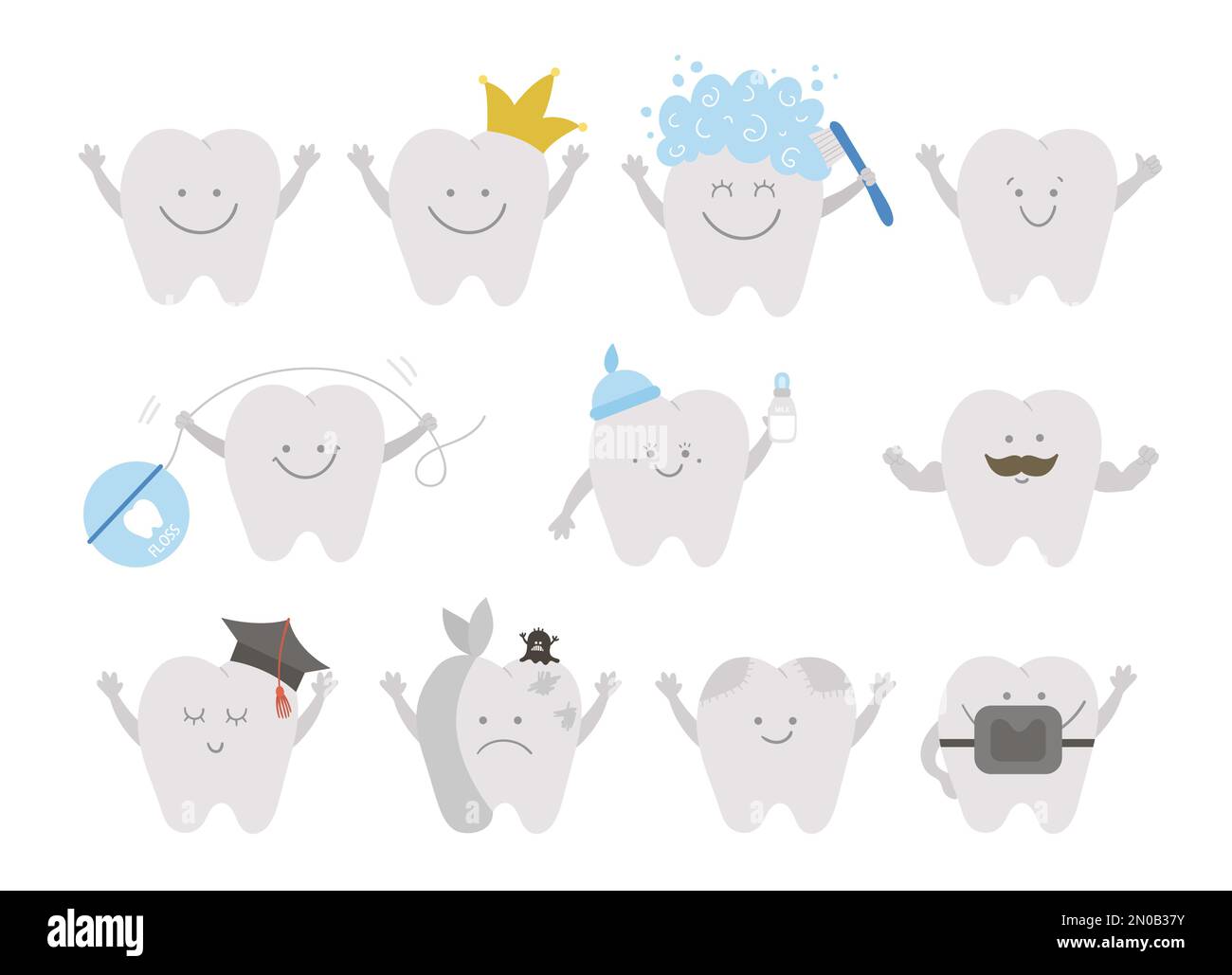 Set of cute kawaii teeth. Vector collection of tooth icons for children design. Funny dental care picture for kids. Dentist baby clinic clipart with m Stock Vector