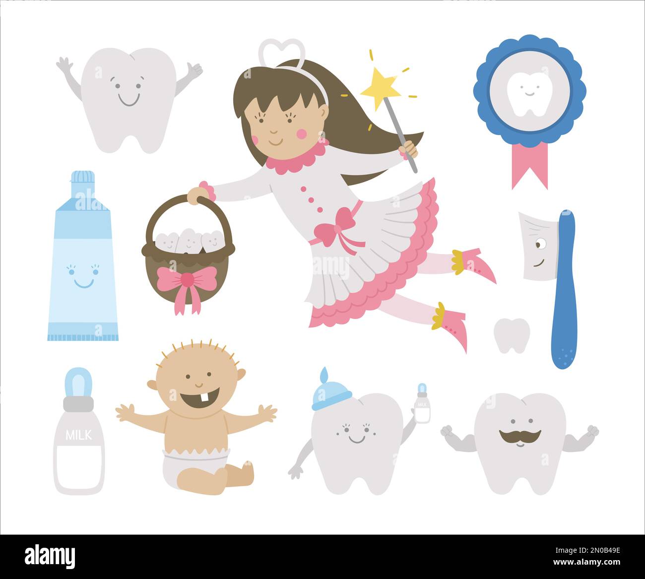 Cute tooth fairy vector set. Kawaii fantasy princess with funny smiling