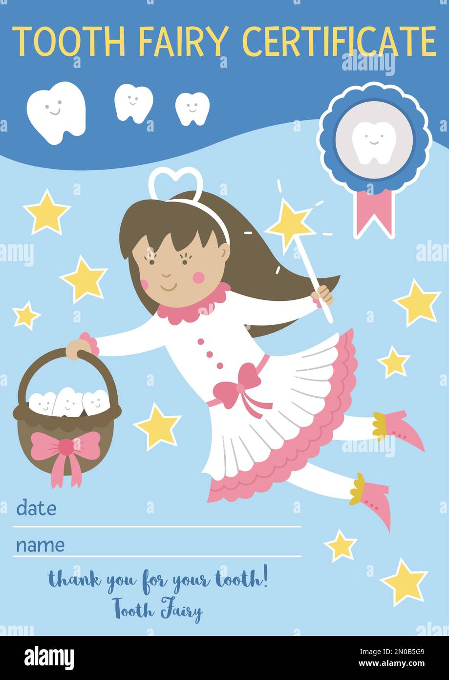 Tooth fairy certificate for teeth lost. Cute vector document for kids. Funny card template with kawaii fantasy princess. Dental care picture for child Stock Vector