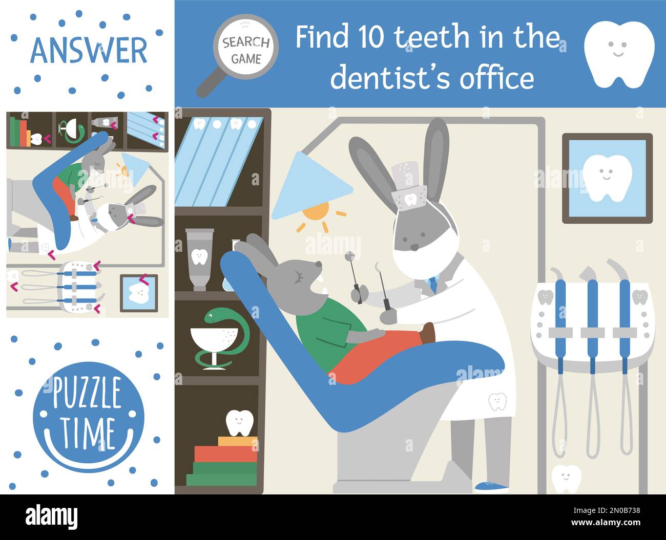 Vector dental care searching game for children with teeth lost in the