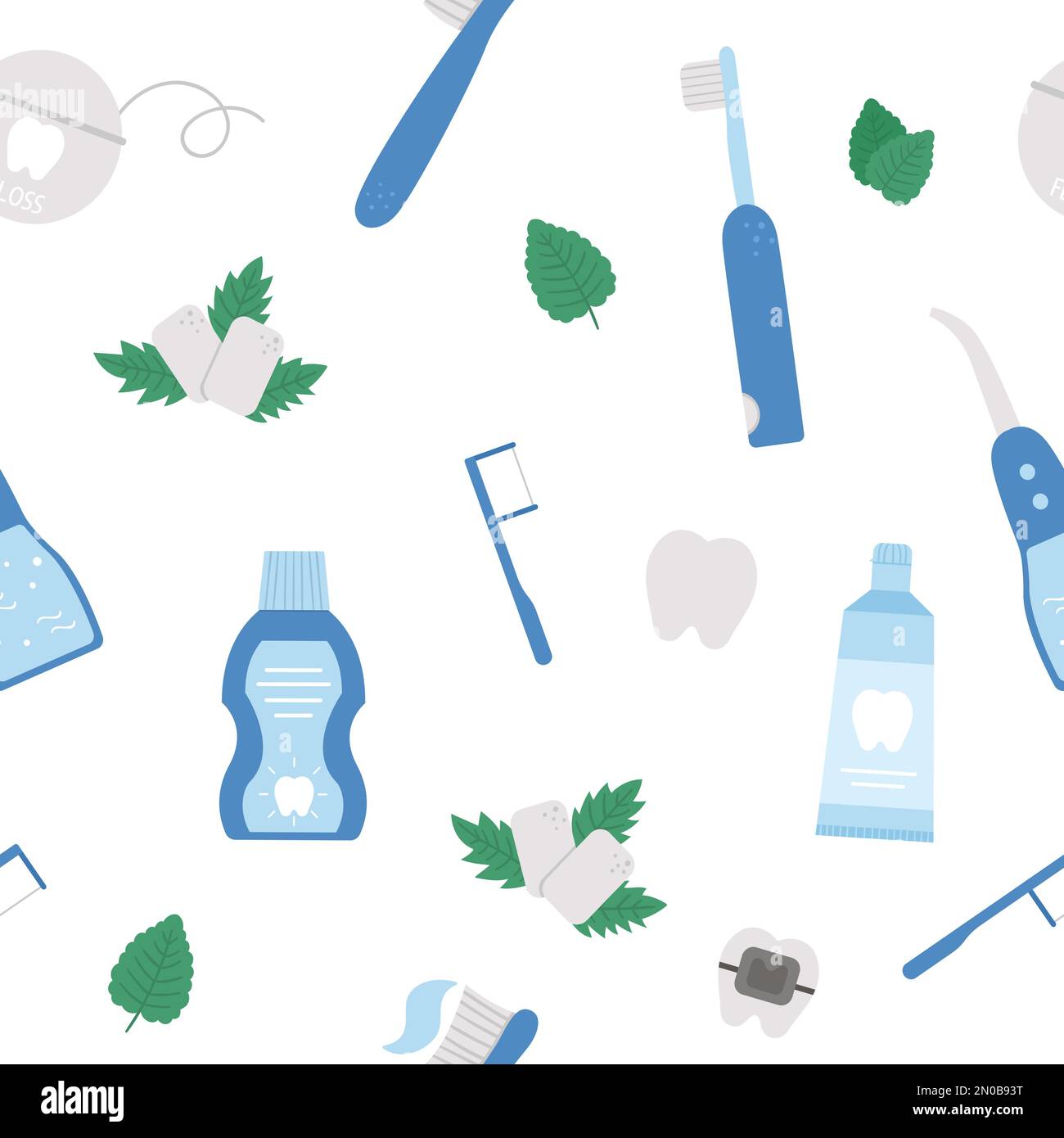 Tooth care tools vector seamless pattern. Repeat background with elements for cleaning teeth. Dentistry equipment texture. Toothpaste, brush, floss il Stock Vector