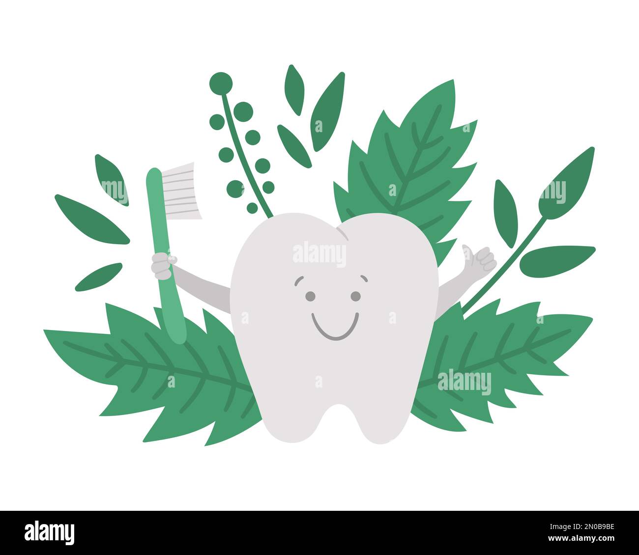 Cute kawaii tooth with toothbrush and thumb up. Vector teeth