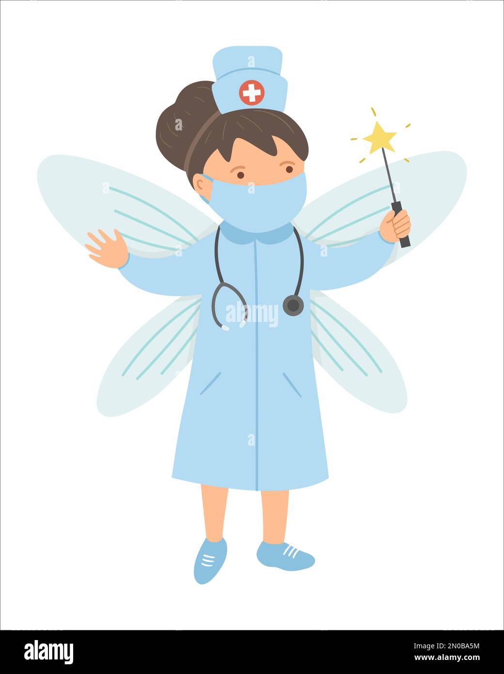Vector woman medic in medical hat and mask with stethoscope, wings and magic wand. Cute funny hospital or clinic character. Doctor fairy concept. Coro Stock Vector