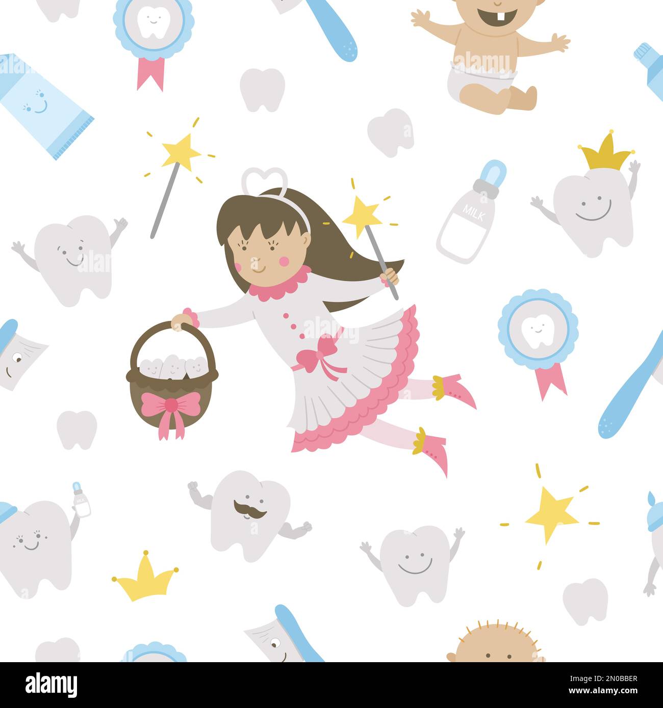 Cute tooth fairy seamless pattern. Kawaii fantasy princess background with funny smiling toothbrush, baby, molar, milk bottle, medal, toothpaste, teet Stock Vector