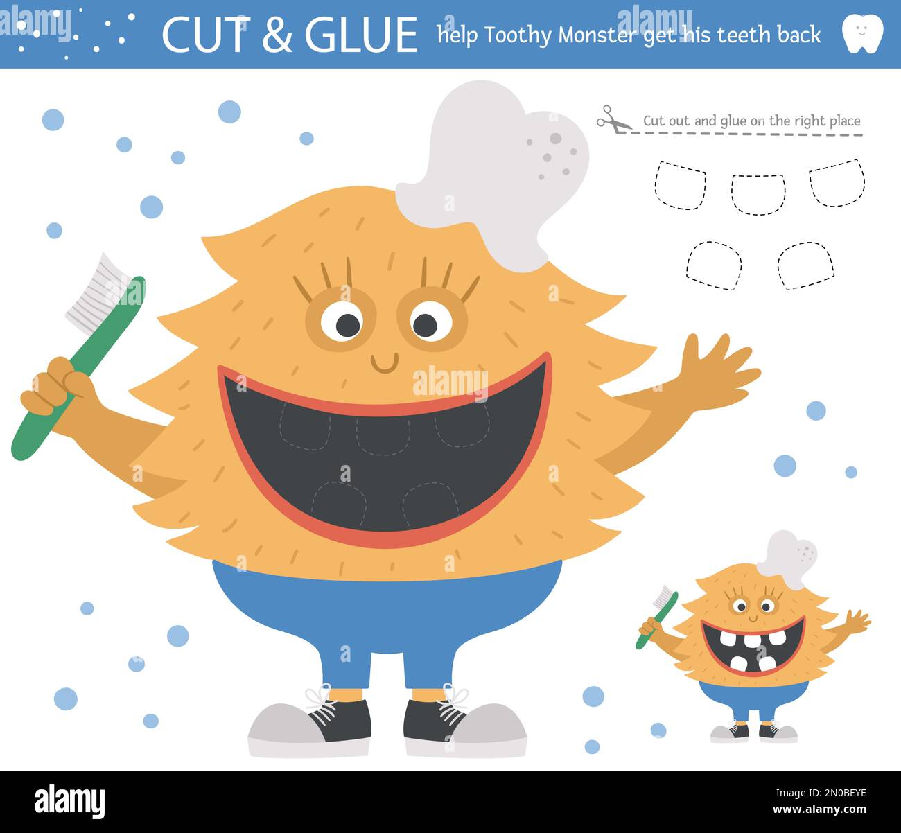 Vector dental care cut and glue activity for children. Tooth hygiene