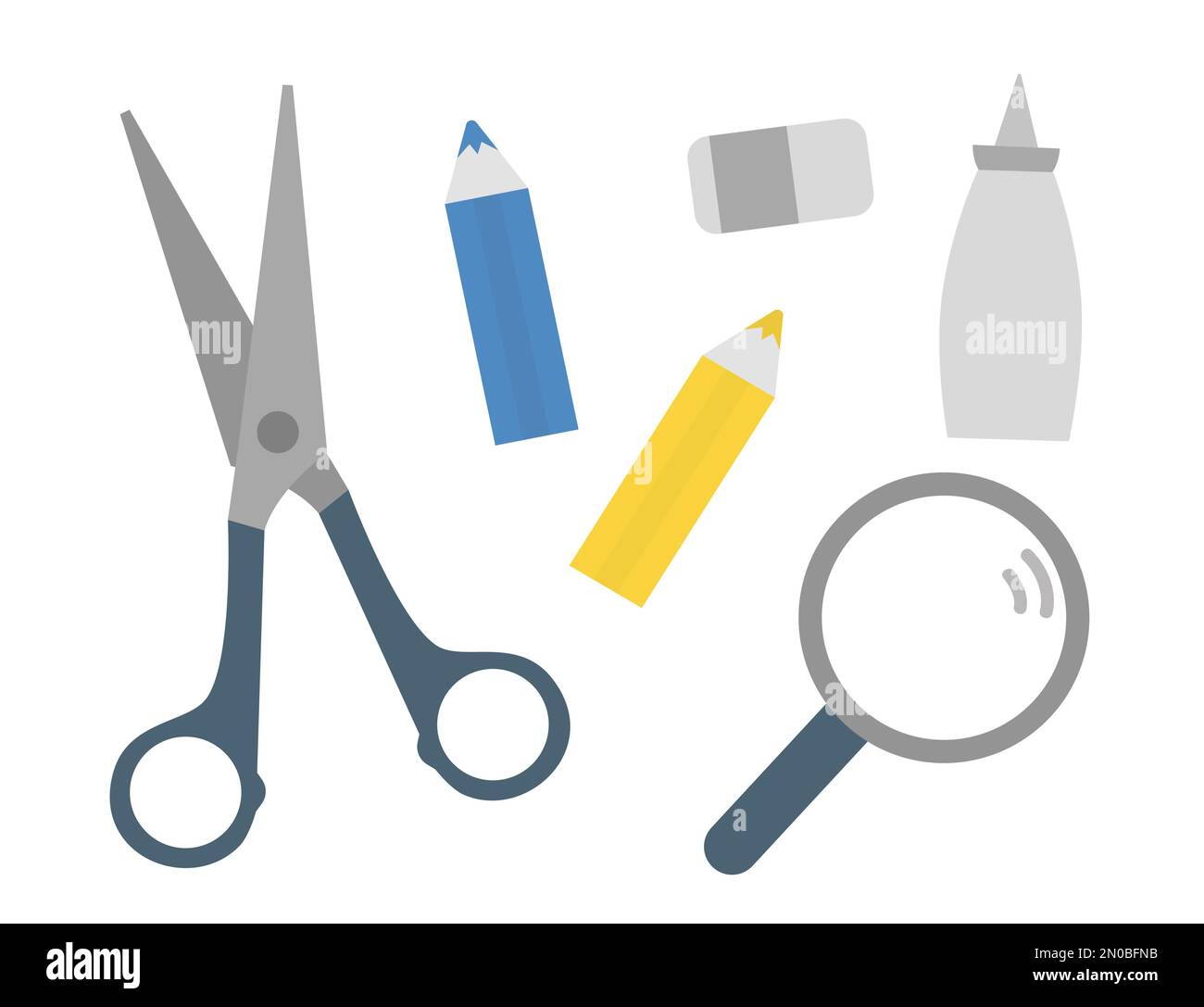 Scissors, pencil, magnifying glass, glue icons isolated on white background. Set of vector