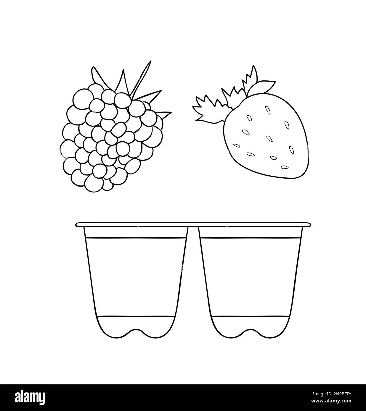 Vector line yoghurt pack icon with fruit and berry. Hand drawn organic ...