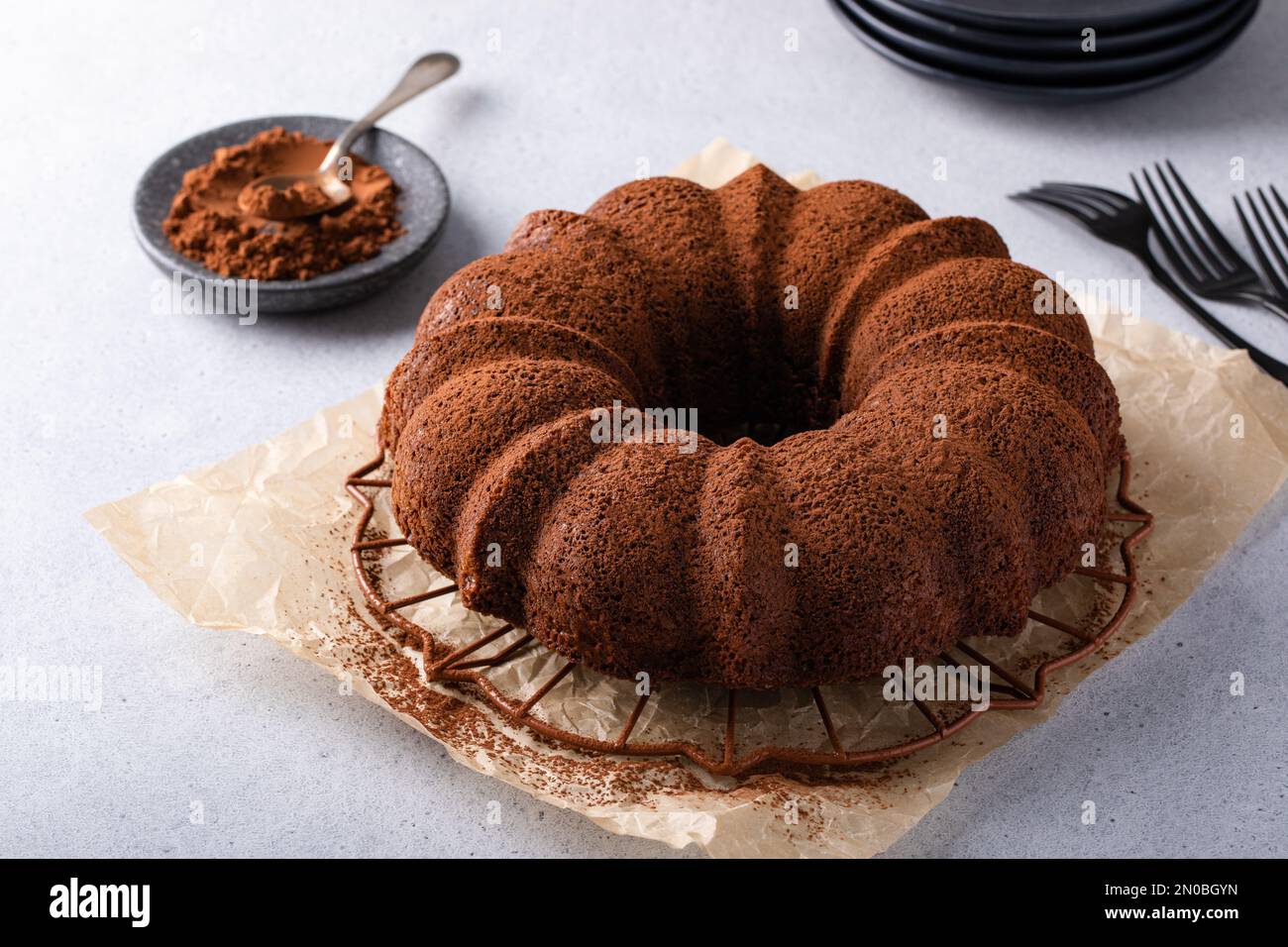 Chocolate bundt cake dusted with cocoa powder on a cooling rack Stock Photo