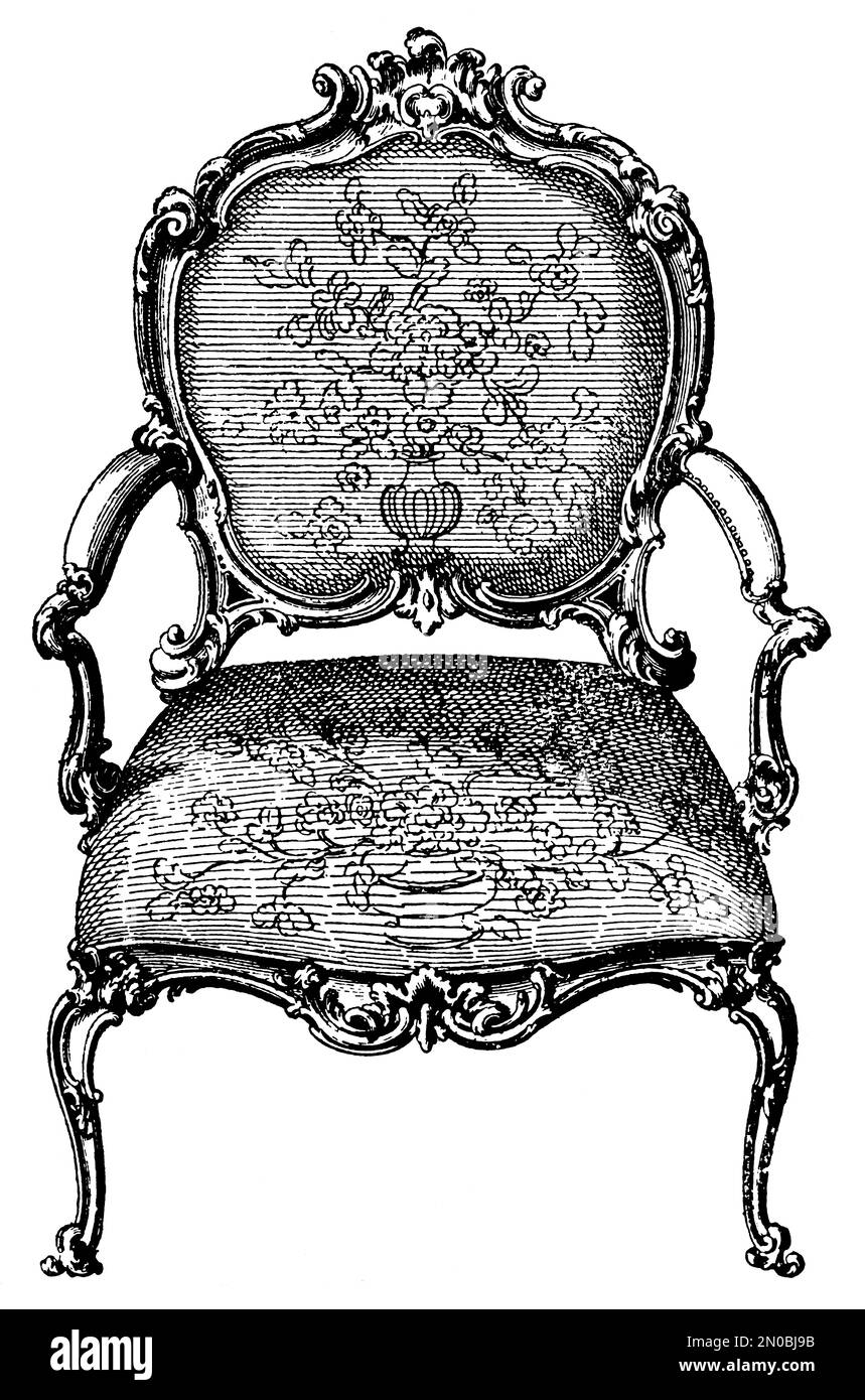 Vintage engraving of an armchair (isolated on white). Published in Systematischer Bilder-Atlas zum Conversations-Lexikon, Ikonographische Encyklopaedi Stock Photo