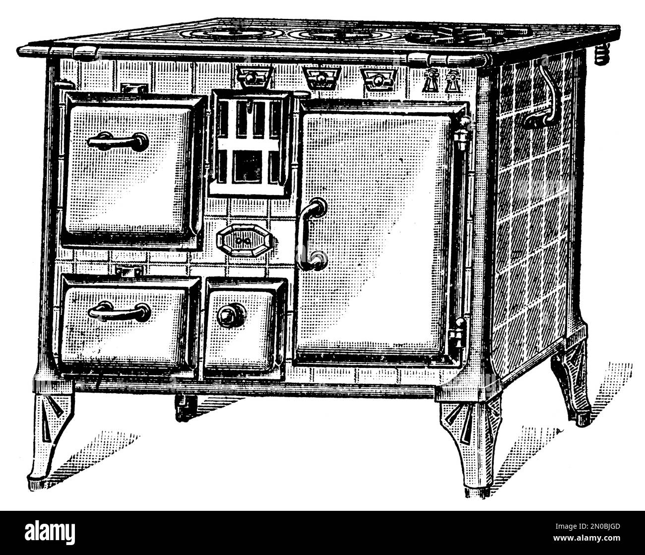 19th-century illustration of an early wood burning kitchen stove (isolated on white). Published in Systematischer Bilder-Atlas zum Conversations-Lexik Stock Photo