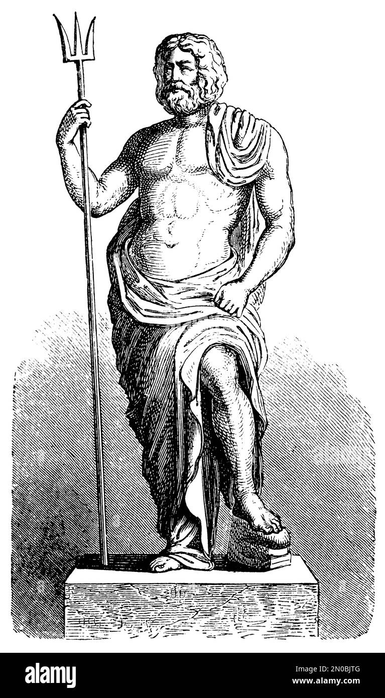 Antique engraving of Neptune (isolated on white). Published in Systematischer Bilder-Atlas zum Conversations-Lexikon, Ikonographische Encyklopaedie de Stock Photo