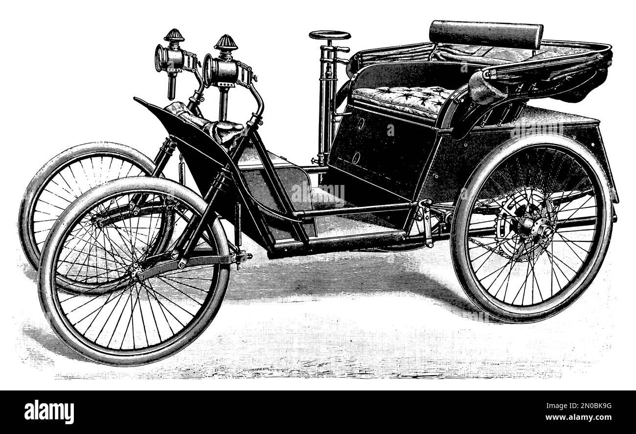 Antique engraving of an early automobile (isolated on white). Published in Systematischer Bilder-Atlas zum Conversations-Lexikon, Ikonographische Ency Stock Photo
