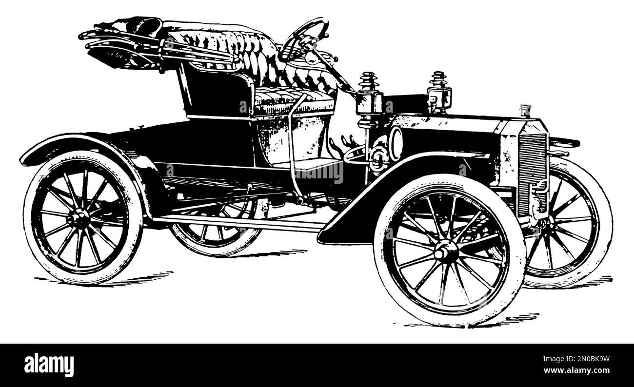 Classic illustration of an early automobile (isolated on white). Published in Systematischer Bilder-Atlas zum Conversations-Lexikon, Ikonographische E Stock Photo