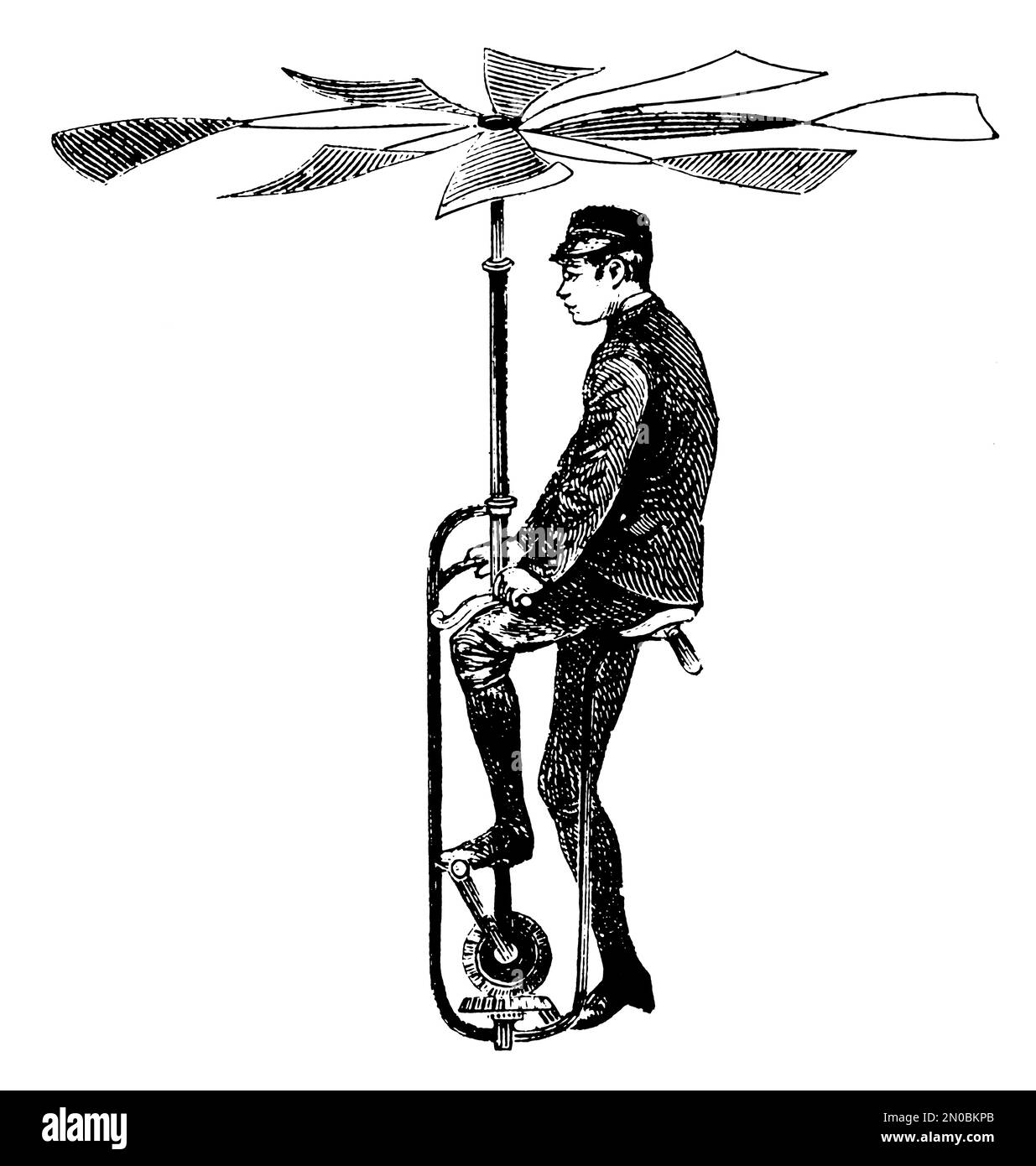 19th-century engraving of an early flying apparatus published in the Systematischer Bilder-Atlas zum Conversations-Lexikon (Brockhaus, Leipzig, 1844). Stock Photo
