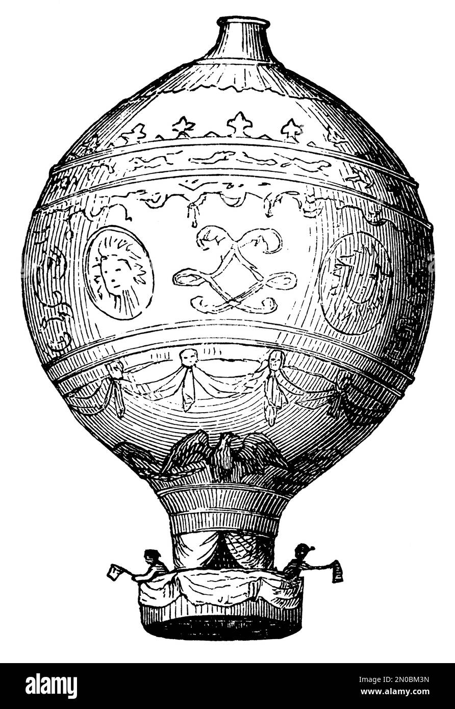 Vintage illustration of Montgolfier brothers' hot air balloon (isolated on white). Published in Systematischer Bilder-Atlas zum Conversations-Lexikon, Stock Photo