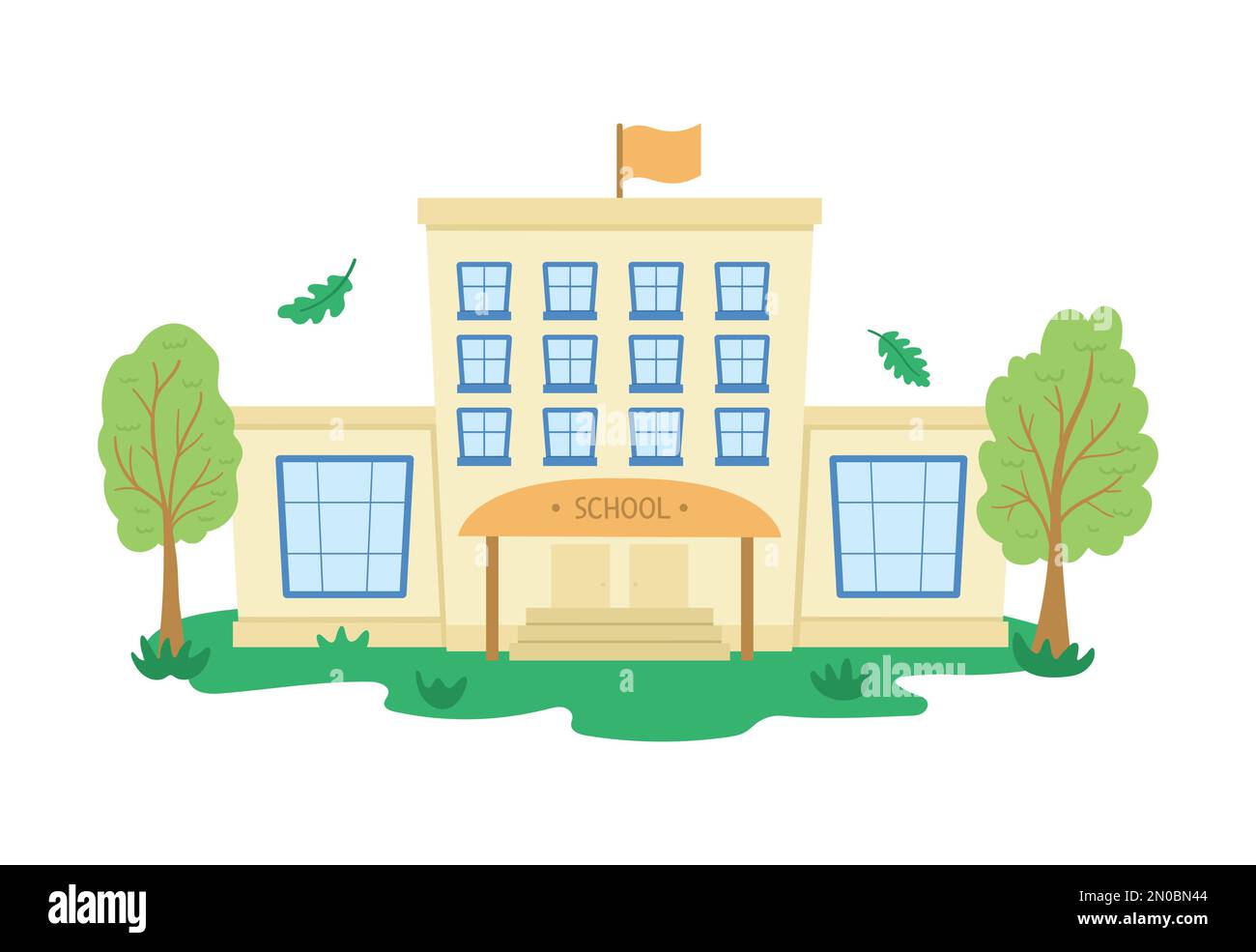 Vector school building with trees isolated on white background. Back to ...