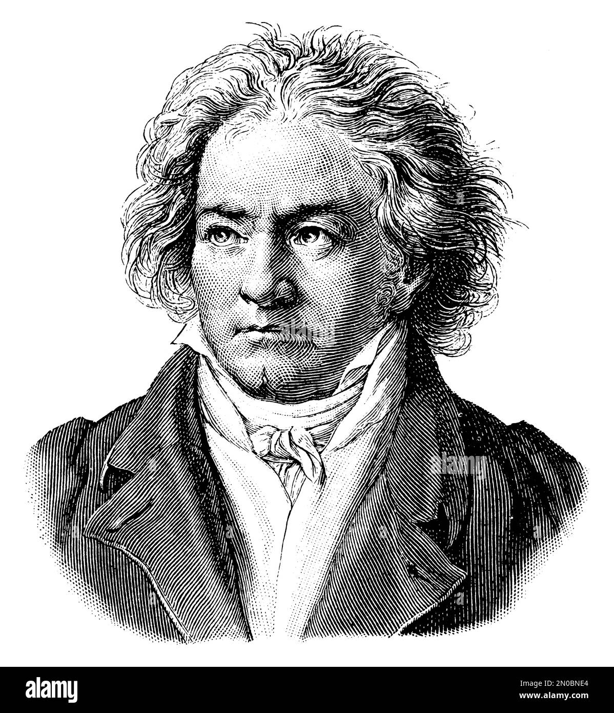 Antique 19th-century engraving of a portrait of Ludwig van Beethoven (isolated on white). German composer and pianist. Born on December 17, 1770 in Bo Stock Photo