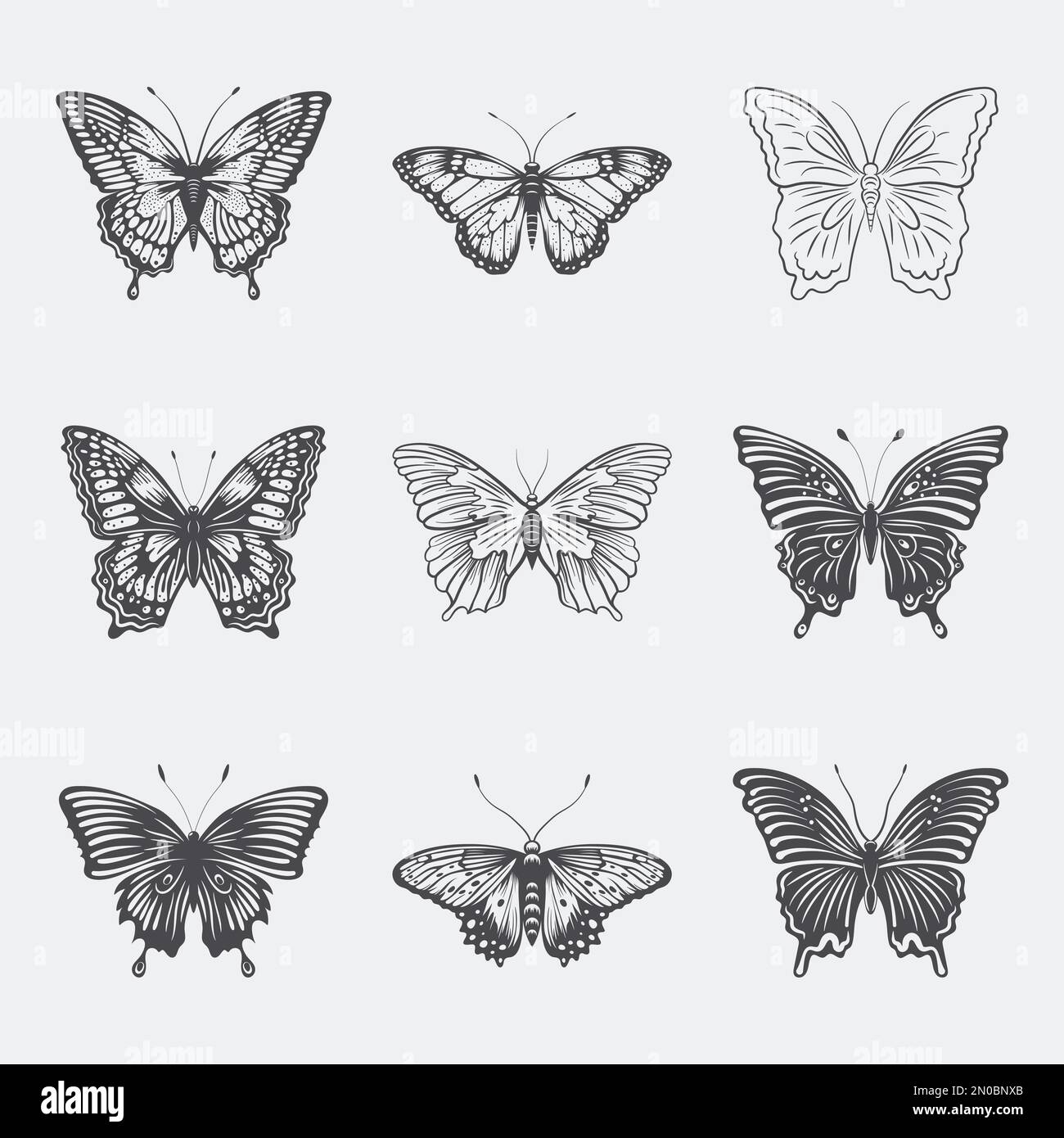 Vector Monochrome Black and White Hand Drawn Butterfly Icon Set ...