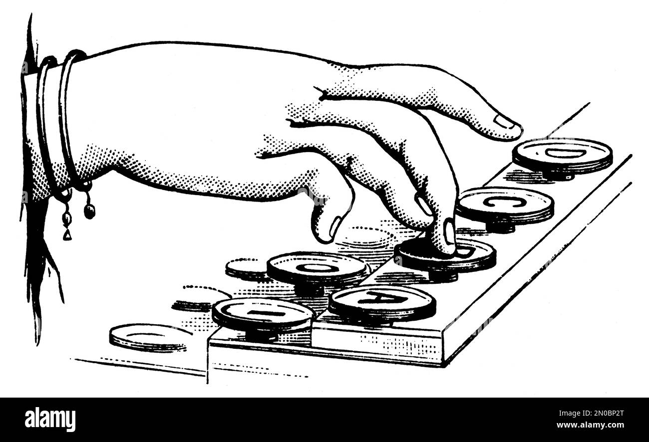 Antique illustration of human hand typing on a typewriter (isolated on white). Published in Systematischer Bilder-Atlas zum Conversations-Lexikon, Iko Stock Photo