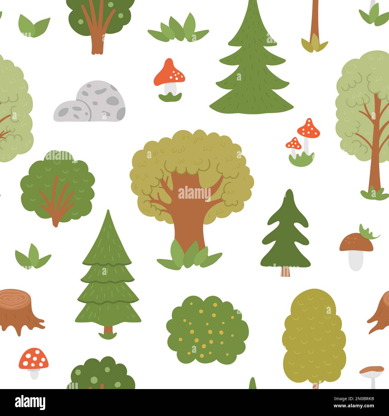 Vector seamless pattern with trees, plants, shrubs, bushes, mushrooms. Flat autumn forest repeating background. Cute digital paper with woodland plant Stock Vector
