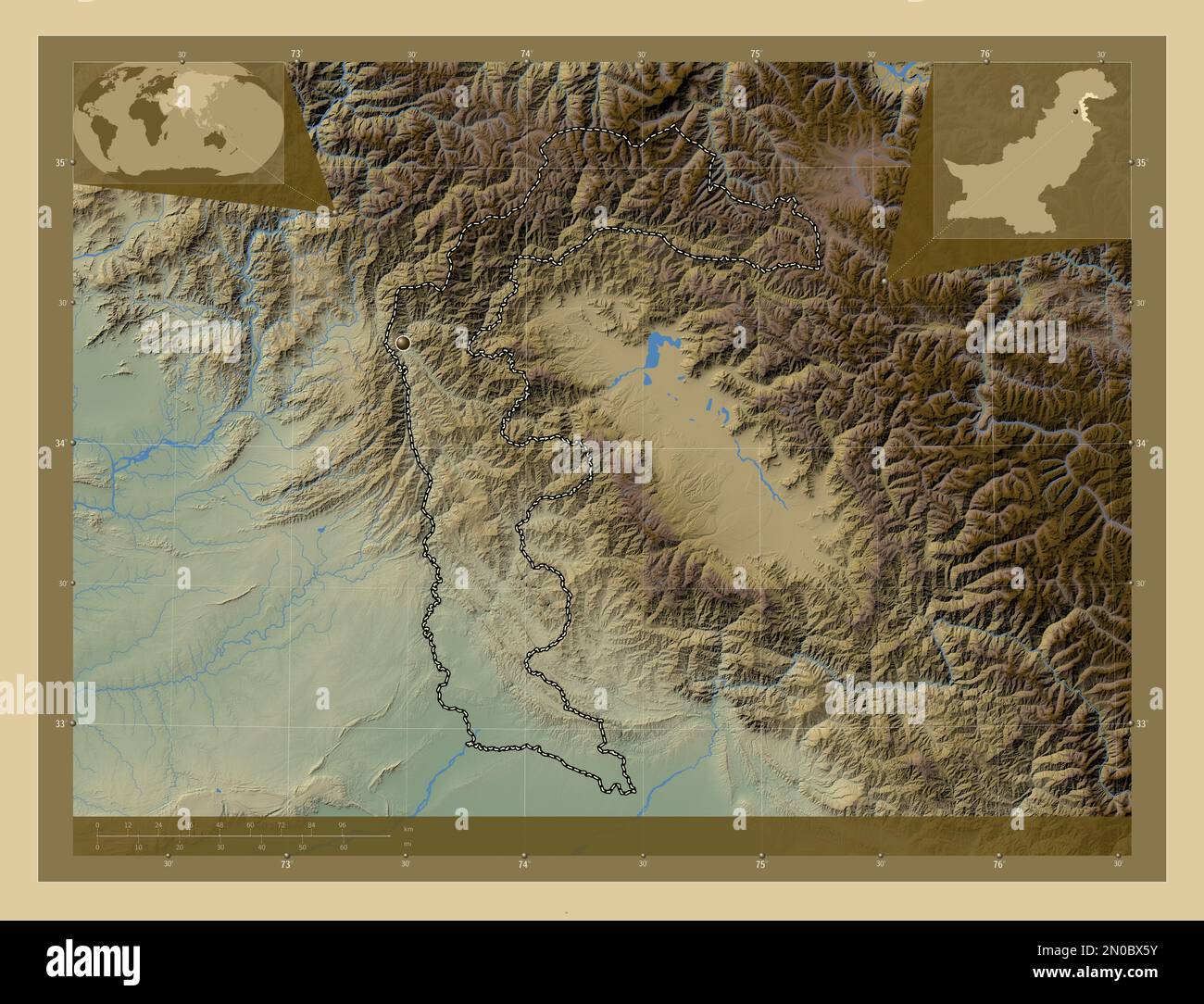 Azad Kashmir, centrally administered area of Pakistan. Colored elevation map with lakes and