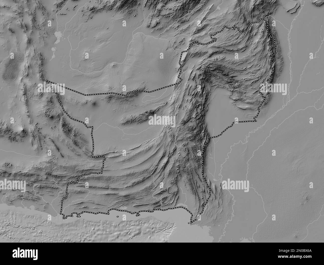 Baluchistan, province of Pakistan. Bilevel elevation map with lakes and rivers Stock Photo